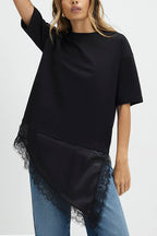 Stylish Round Neck Short-sleeved Patchwork Lace Hem Loose T-shirt