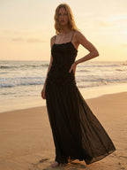 3D Floral Cami Maxi Dress for Women - Boho Rosette Bodice Flowy Spaghetti Strap Gown - Summer Beach Resort 2026
