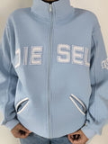 Fresh Blue Letter Embroidery Embellished Jacket