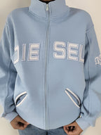 Fresh Blue Letter Embroidery Embellished Jacket