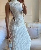 Mock Neck Popcorn Texture Side Lace Up Cut Out Bodycon Midi Dress
