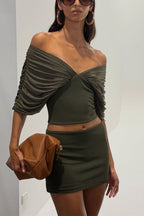 Sienna Olive Ruched Off-The-Shoulder 2-Piece Matching Set