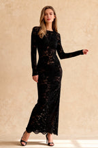 Floral Lace Long Sleeve Crew Neck Sheath Maxi Gown