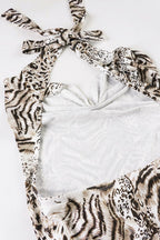 Khaki Halter Cowl Neck Belted Waist Mixed Print Mini Dress