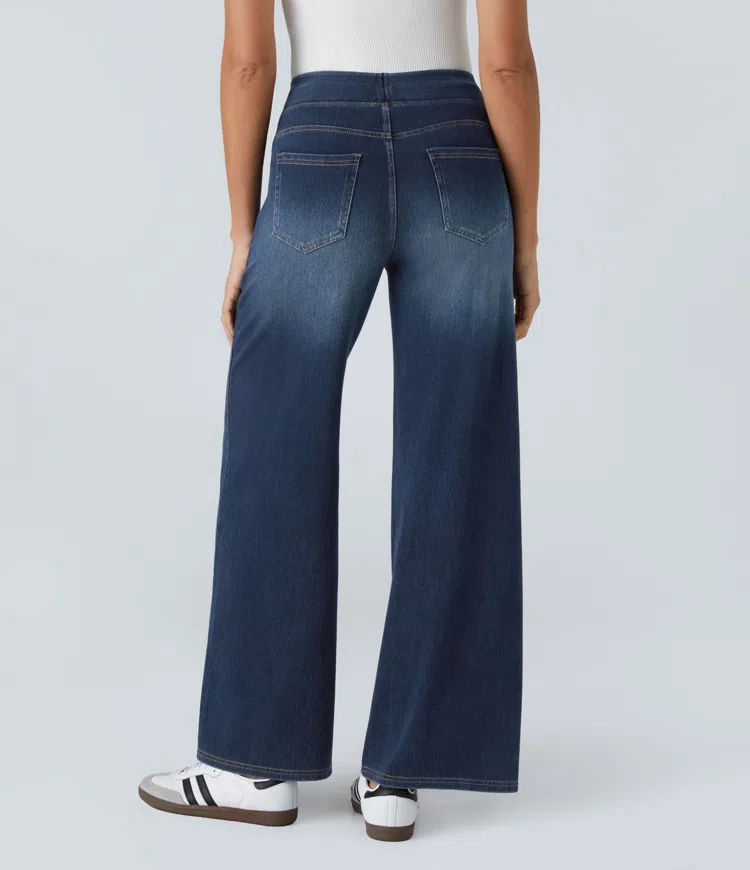 High Waisted Multiple Pockets Baggy Wide Leg Washed Stretchy Knit Casual Jeans