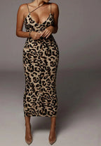 Print Deep V-Neck Spaghetti Strap Bodycon Midi Dress