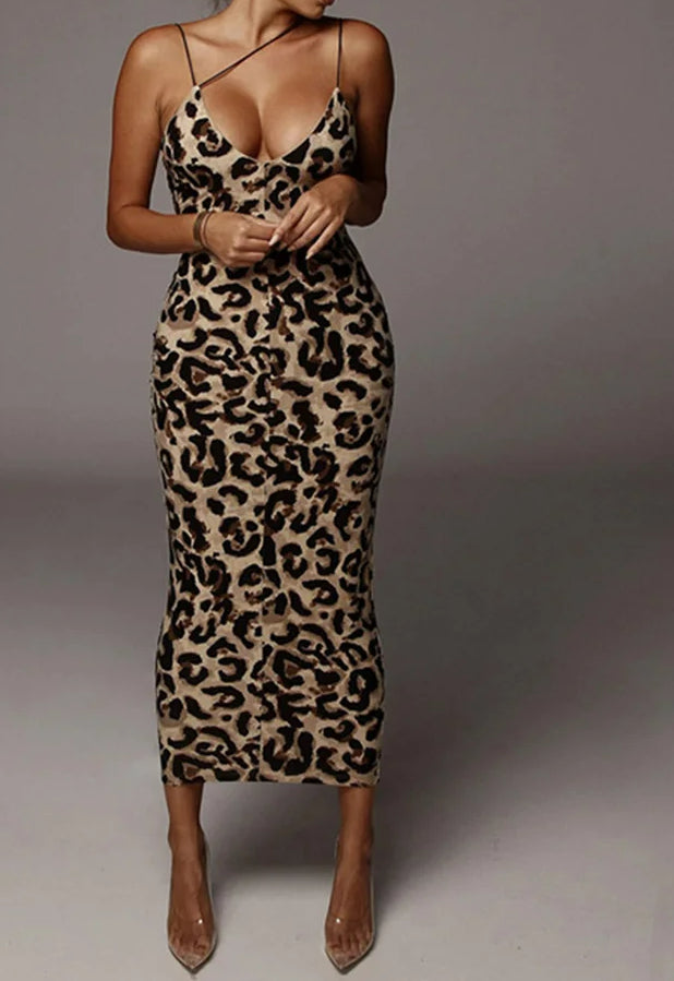Print Deep V-Neck Spaghetti Strap Bodycon Midi Dress