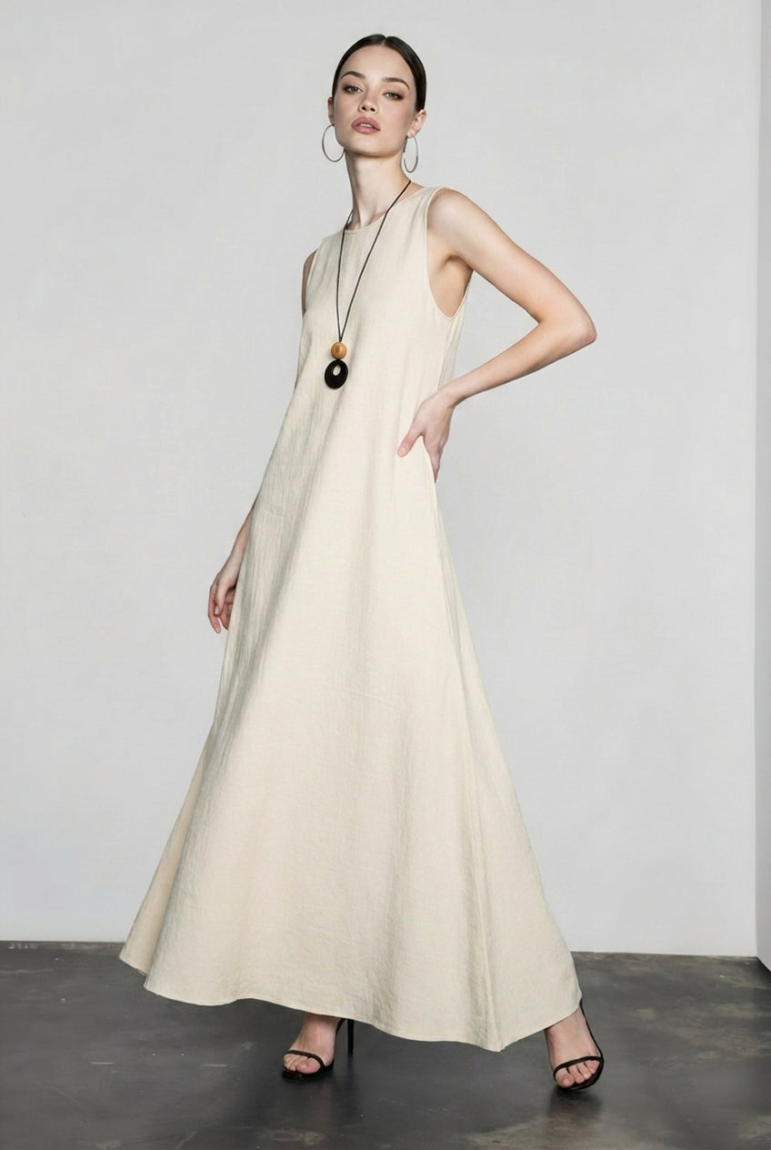 Linen Look Sleeveless Round Neck A-Line Tank Maxi Dress