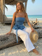 Strapless Smocked Peplum Top With 3D Flower Belt For Women 2026