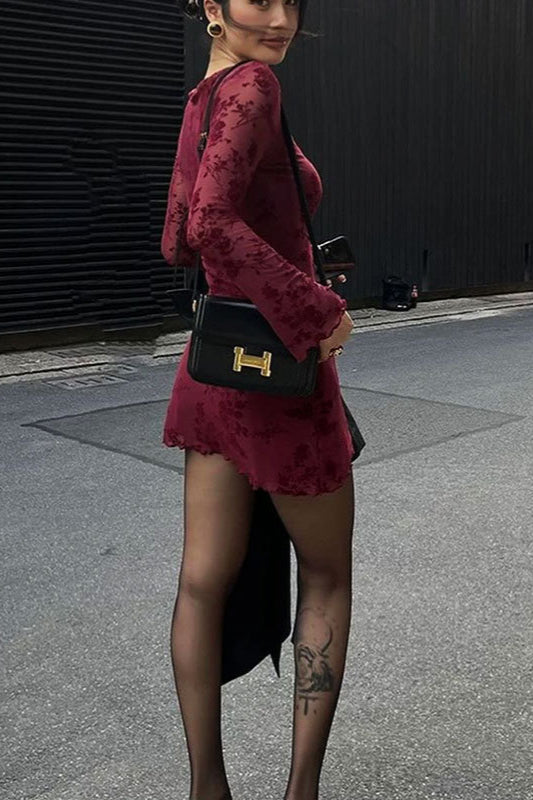 Red Mesh Floral Long Sleeve Bodycon Dress