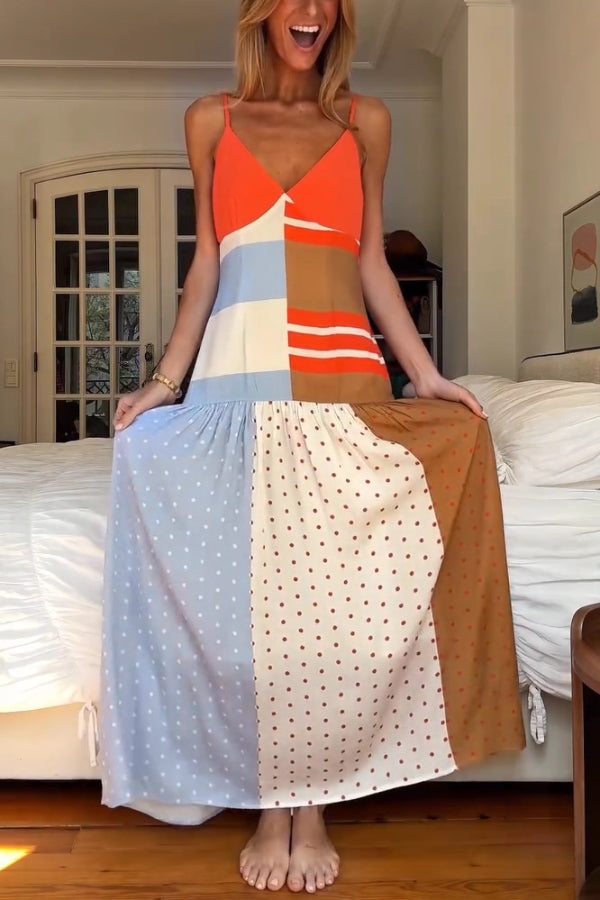 Vibrant Touch Color-blocked Polka Dot Print Slip Pleated Hem Maxi Dress