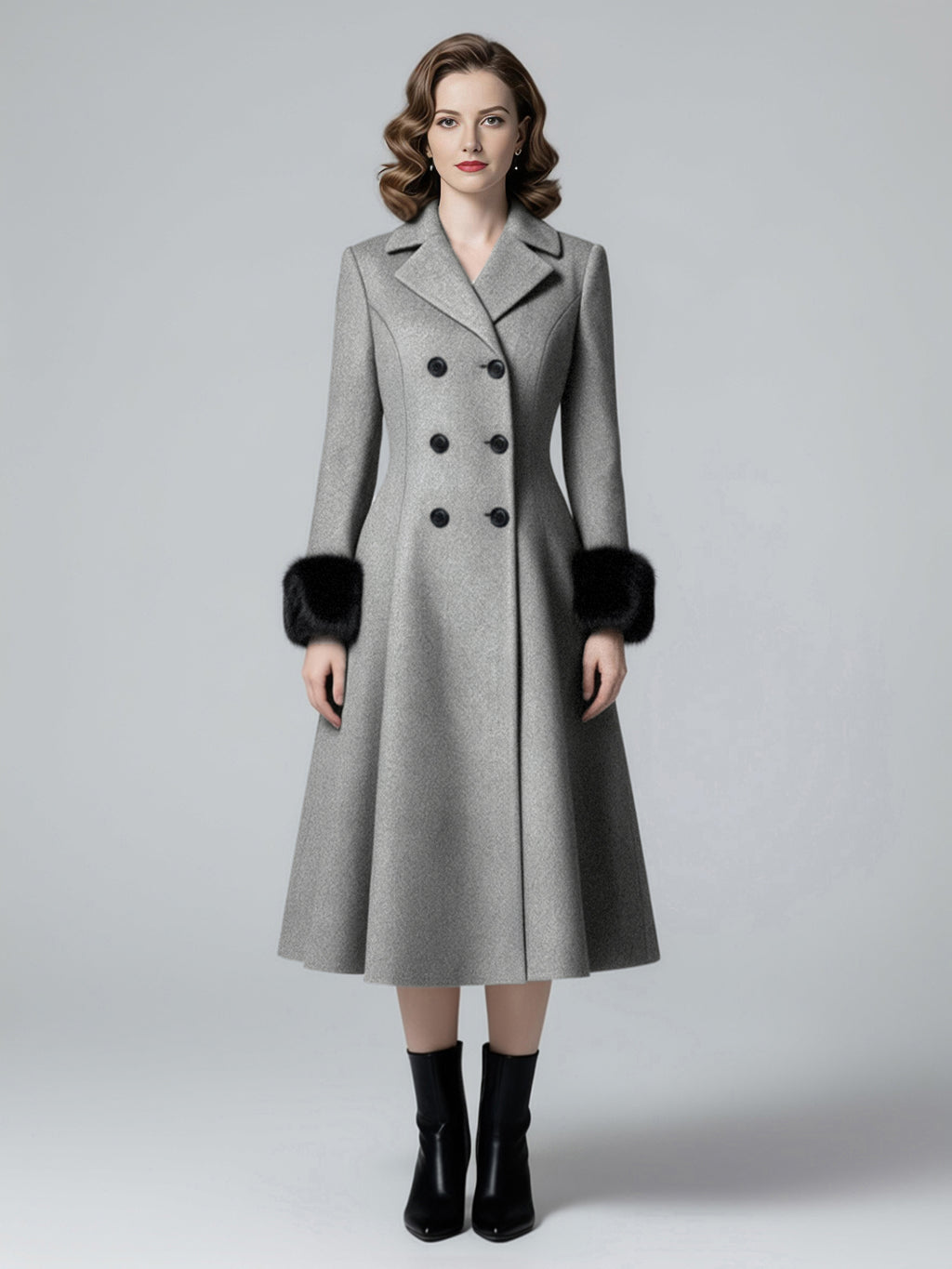Wool Blend Double-breasted Midi Flared Coat with black Faux Fur Cuffs For Women 2026