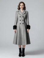 Wool Blend Double-breasted Midi Flared Coat with black Faux Fur Cuffs For Women 2026