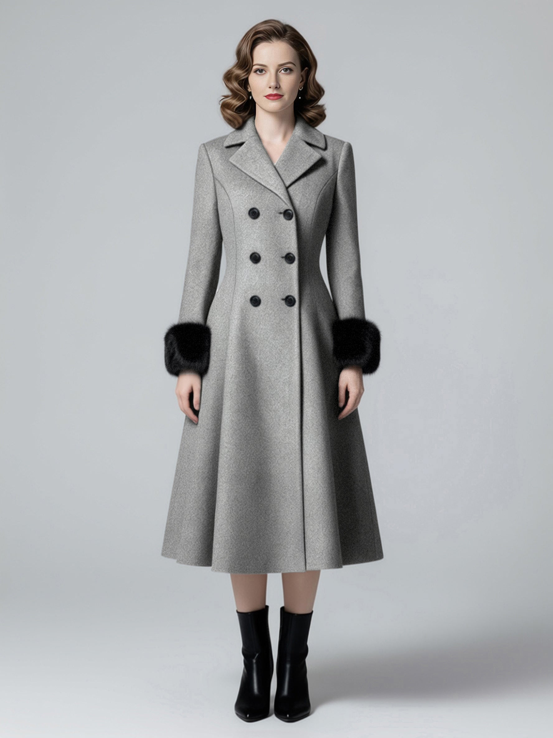 Wool Blend Double-breasted Midi Flared Coat with black Faux Fur Cuffs For Women 2026