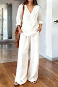 Linen Blend V-neck Long-sleeved Loose Top and Elastic Waist Casual Pocket Pants Set