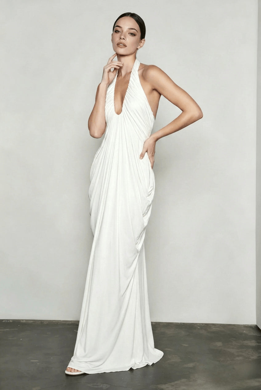 Halter Neck Deep V-Neck Draped Ruched Hip Column Maxi Gown
