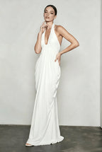 Halter Neck Deep V-Neck Draped Ruched Hip Column Maxi Gown