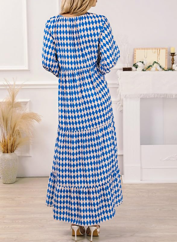 Puff Sleeve Tiered Geometric Print Boho Maxi Dress