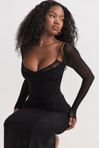 Mesh Ruched Corset Sweetheart Lace Trim Long Sleeve Bodycon Maxi Dress