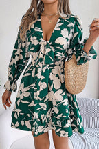 Floral Print Tie Front Deep V-Neck Smocked Waist Tiered Ruffle Mini Dress