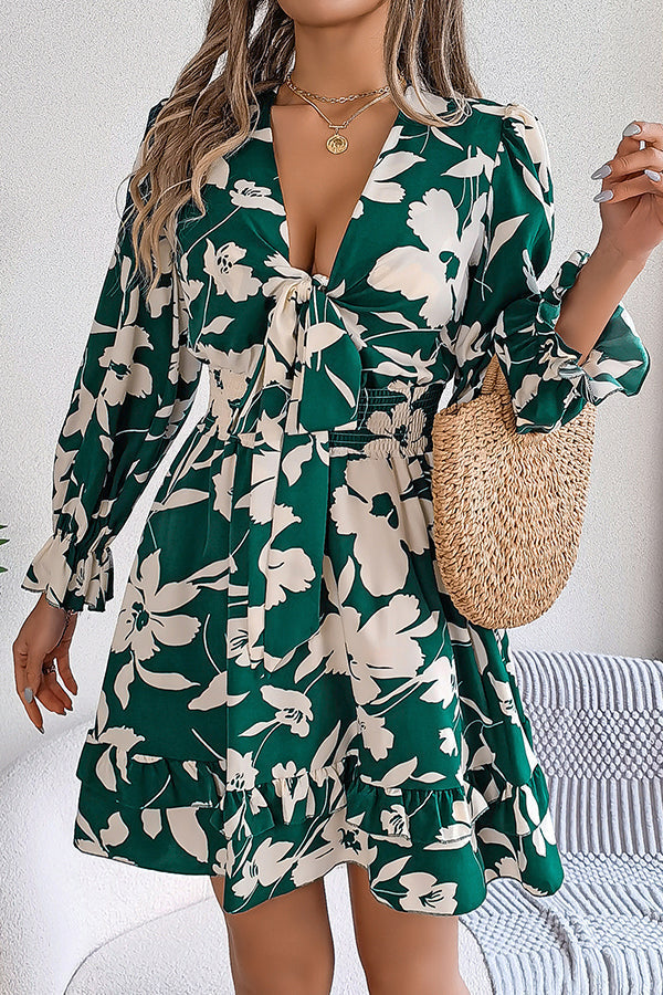 Floral Print Tie Front Deep V-Neck Smocked Waist Tiered Ruffle Mini Dress