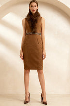 Brown Faux Fur Sleeveless Embellished Midi Dress