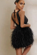 Black Feather Tie Waist Sleeveless Mini Dress