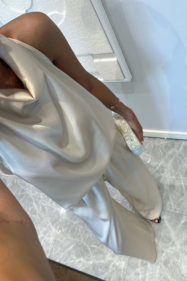 Classic on You Satin High Cowl Neck Top and Elastic Waist Pocket Loose Pants Set
