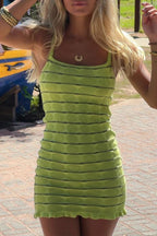 Green Spaghetti Strap Square Neck Circular Textured Knit Ruffle Hem Mini Dress