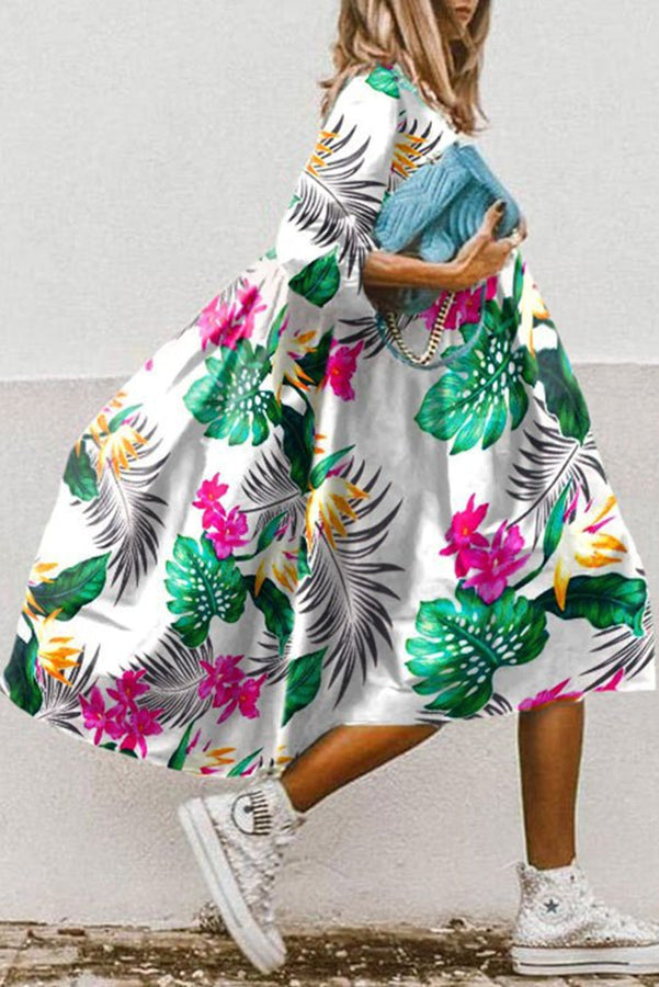 Oversized Graphic Floral Print Swing Midi Dress