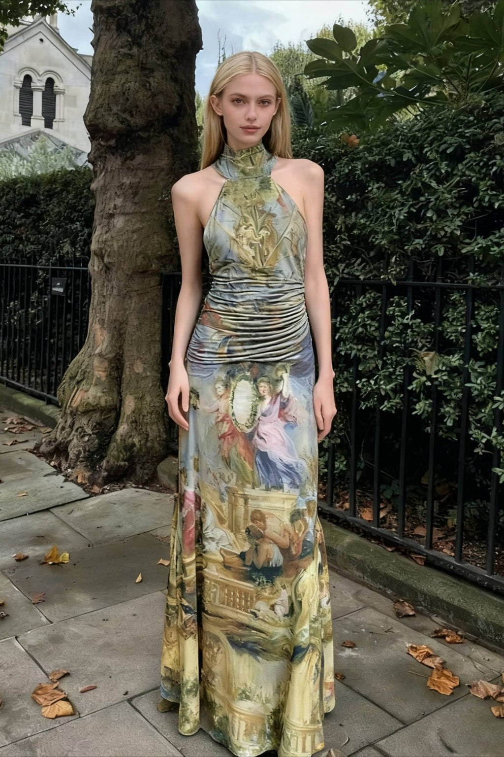 Halter Neck Renaissance Print Ruched Waist Maxi Dress