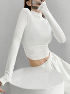 Solid Mock Neck Shirred Slim Long Sleeve Knit
