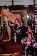 Satin Floral Print Deep V-Neck Lace Trim Empire Waist Maxi Slip Dress