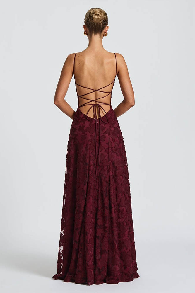 Floral Lace Cross Back Lace Up Open Back A-Line Maxi Gown