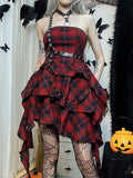 Plaid Strapless Tiered Ruffle Grommet Harness Belt Mini Dress