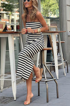 Striped Strapless Ribbed Knit Side Slit Bodycon Midi Dress