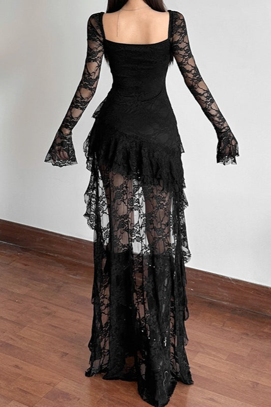 Lace Long Sleeve Lace Up Corset Sweetheart High Low Train Mini Dress