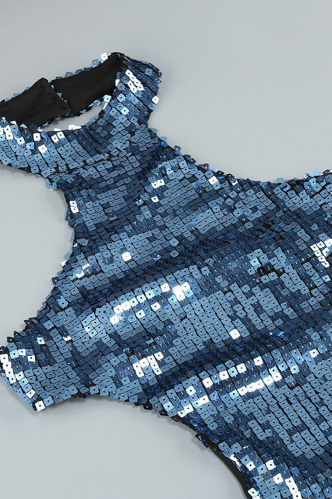 Sequin Halter Neck Waist Cut Out Bodycon Mini Dress