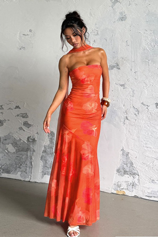 Orange Strapless Mermaid Ruched Abstract Floral Print Maxi Dress