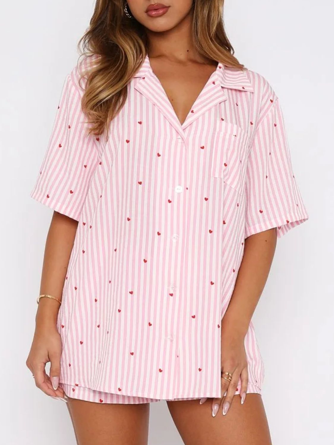 Blue Zone Planet | Valentine's Day Printed Collared Neck Short Sleeve Top And Shorts Set