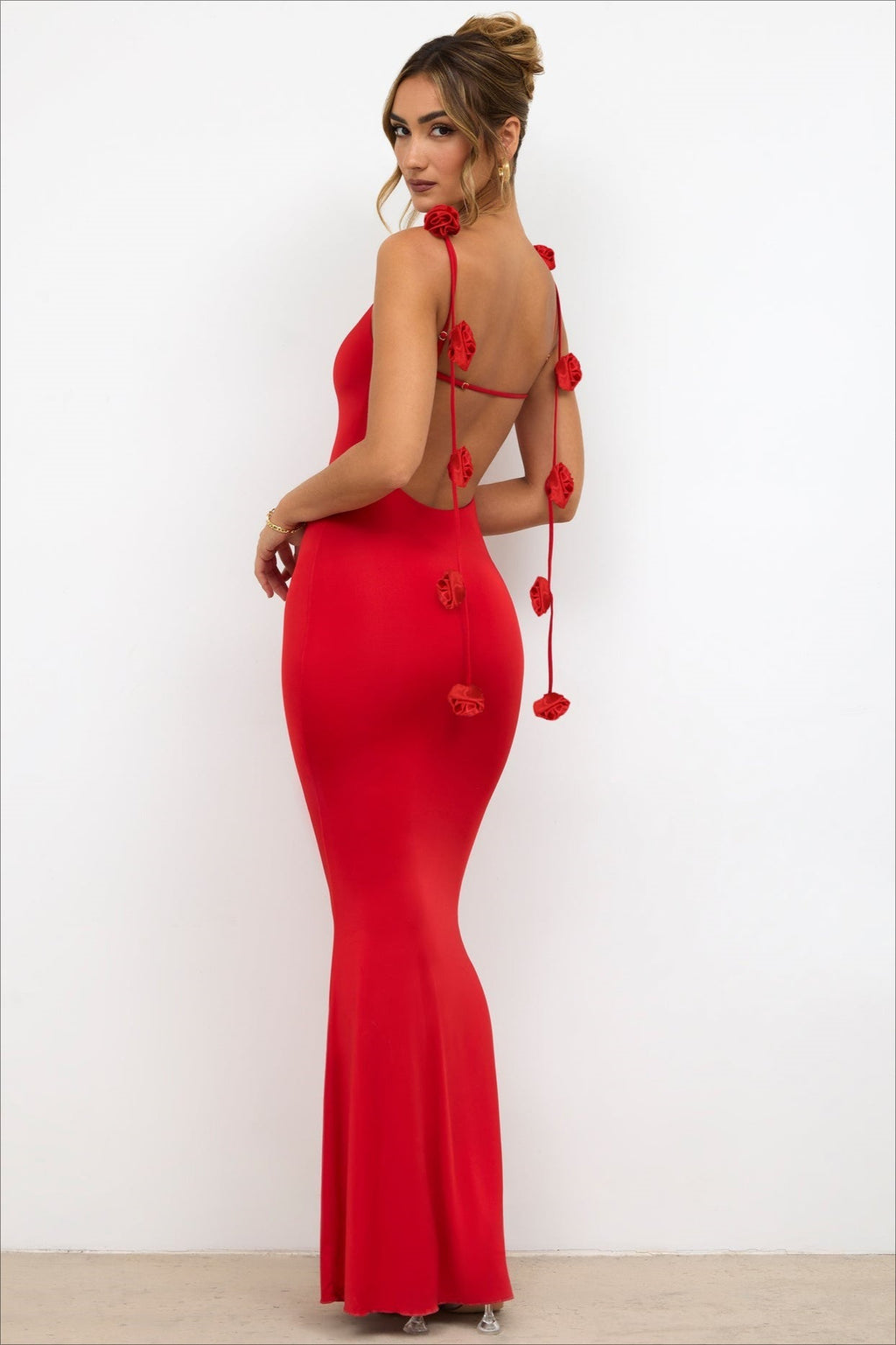 3D Floral Rosette Strap Backless Mermaid Bodycon Maxi Mini Dress