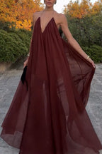 Flowing Lightweight Chiffon Chain Halter Neck Detail Backless A-line Maxi Dress