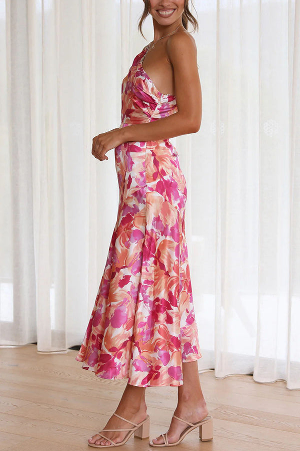 Abstract Floral Print One Shoulder Ruched Mermaid Hem Midi Dress