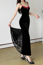 Velvet Sweetheart Spaghetti Strap Lace Trim Mermaid Maxi Gown