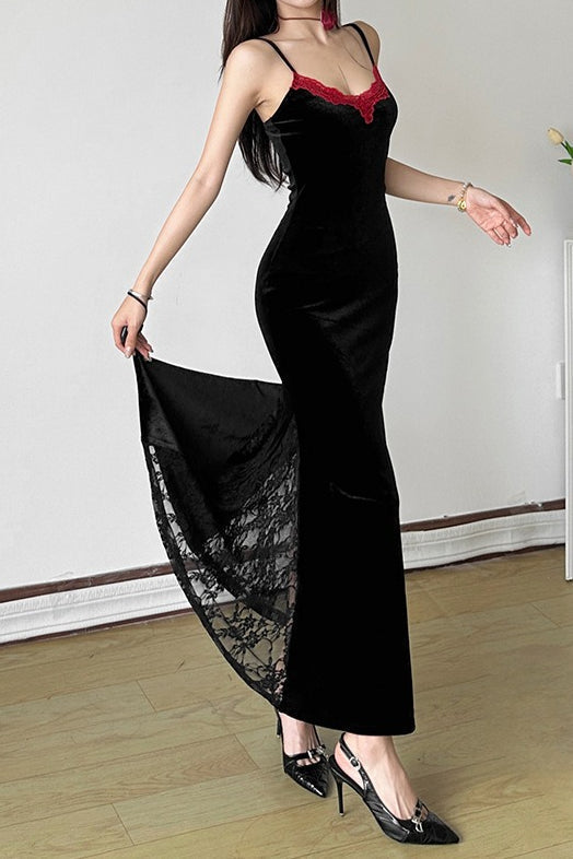 Velvet Sweetheart Spaghetti Strap Lace Trim Mermaid Maxi Gown