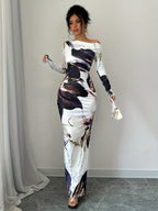 Milk Silk Printed Off-the-shoulder Long Dress