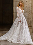 Sexy Long Sleeve V-neck Thin Bridal Wedding Maxi Dresses