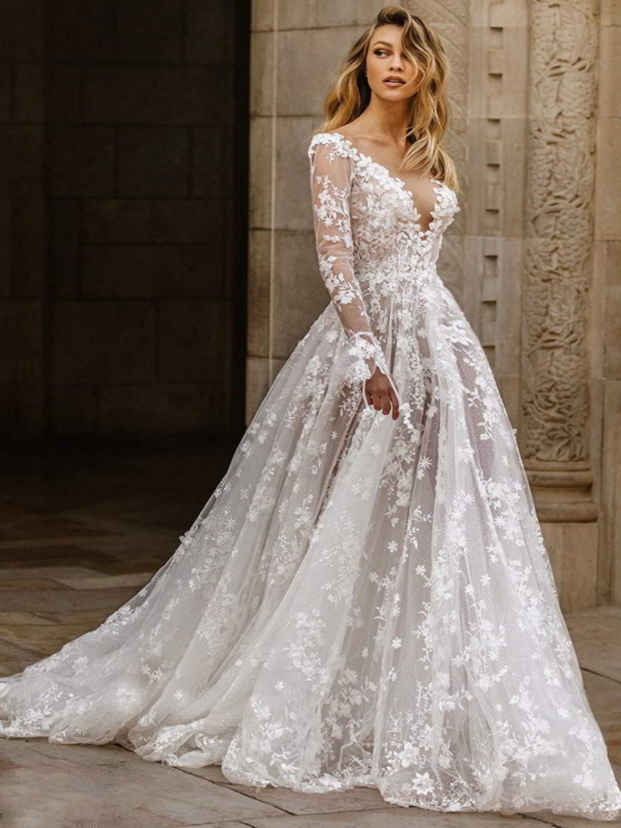 Sexy Long Sleeve V-neck Thin Bridal Wedding Maxi Dresses