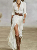 V-neck Long Sleeve Irregular Folds With Belt Maxi Dresses