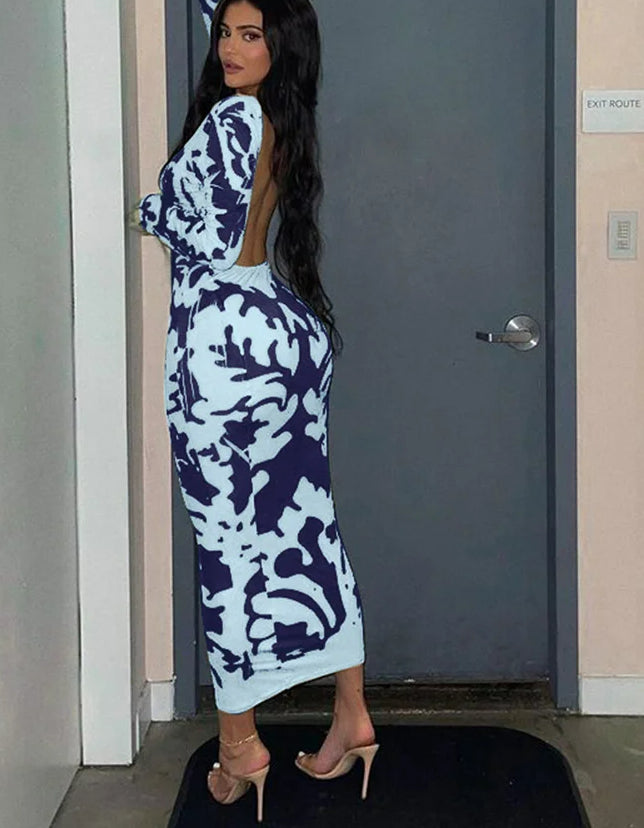 Mock Neck Long Sleeve Abstract Baroque Print Bodycon Maxi Dress